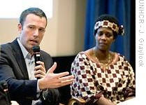 Actor Ben Affleck and former Congolese refugee Rose Mapendo at the launch of the 'Gimme Shelter' campaign in New York