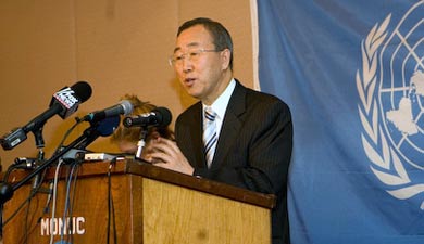 UN Secretary General Ban Ki-moon during a press conference in Congo-Kinshasa