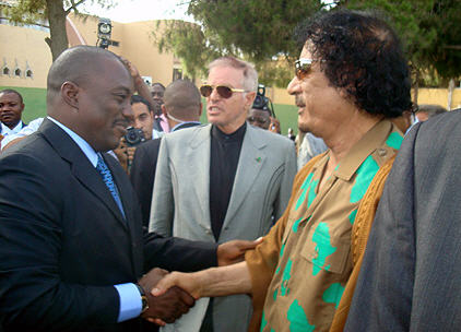 President Joseph Kabila meets Colonel Muammar Gaddafi on July 17, 2008 in Tripoli, Libya